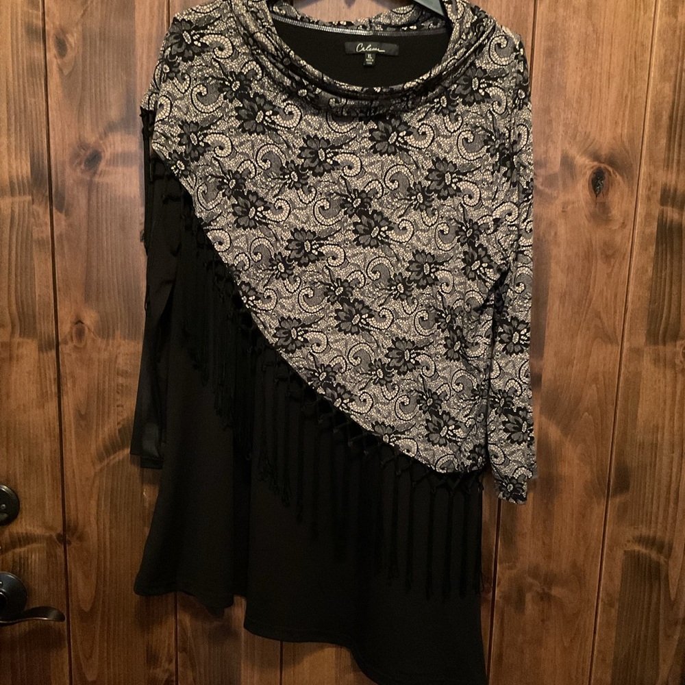 Elegant Black and Cream Floral Tunic with Fringe